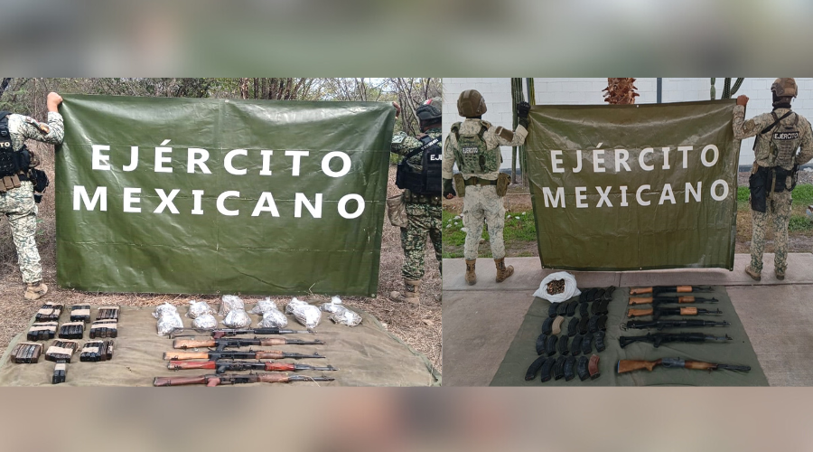 Elementos del Ejercito mexicano de espaldas con la pancarta del ejercito y debajo de ellos los artefactos asegurados