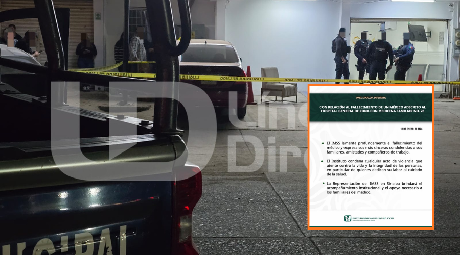 Autoridades de seguridad a las afueras de un consultorio medico y en un recuadro comunicado de IMSS