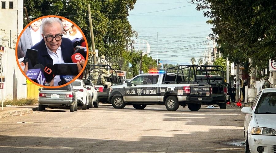 un carro chocado con patrullas de militares y en un círculo el gobernador de Sinaloa, Rubén Rocha Moya
