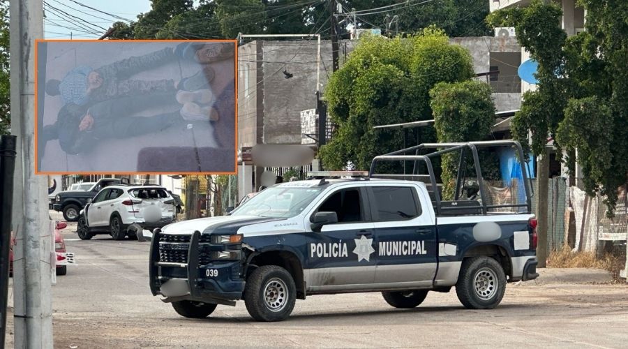 patrulla en una calle con más carros y en un cuadrado dos personas detenidas