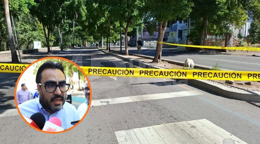 Cinta amarilla de precaución y en un círculo el alcalde de Culiacán, Juan De Dios Gámez