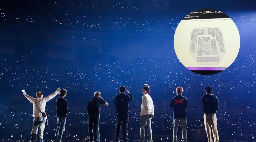 Concierto de BTS y en un círculo una imagen de un croquis de la arena donde será el concierto