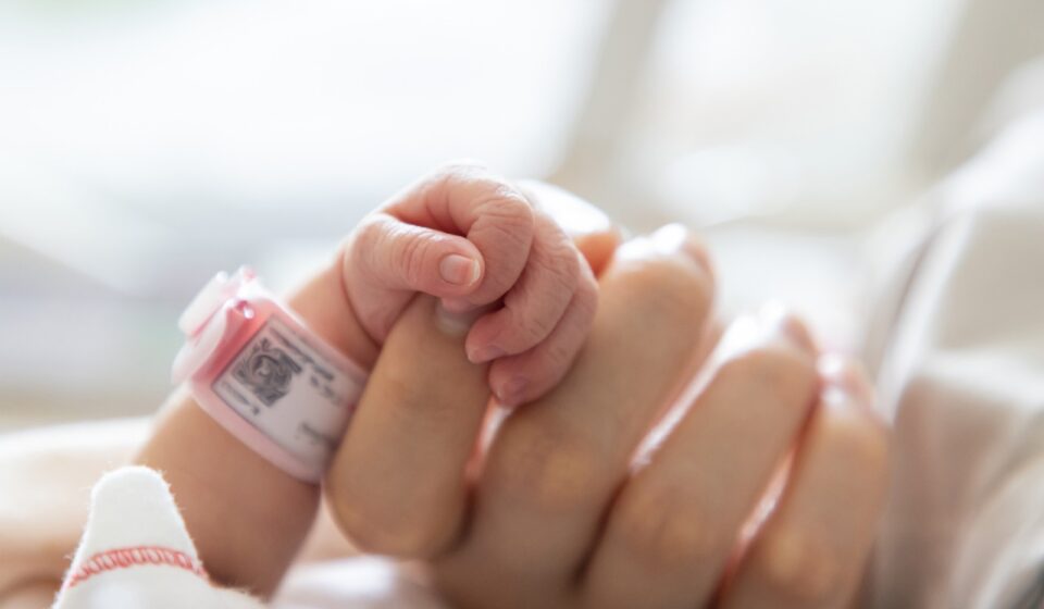 Bebé sostiene la mano de su madre