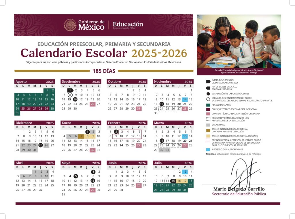 Calendario del ciclo escolar 2025-2026 en México con los meses y días marcados