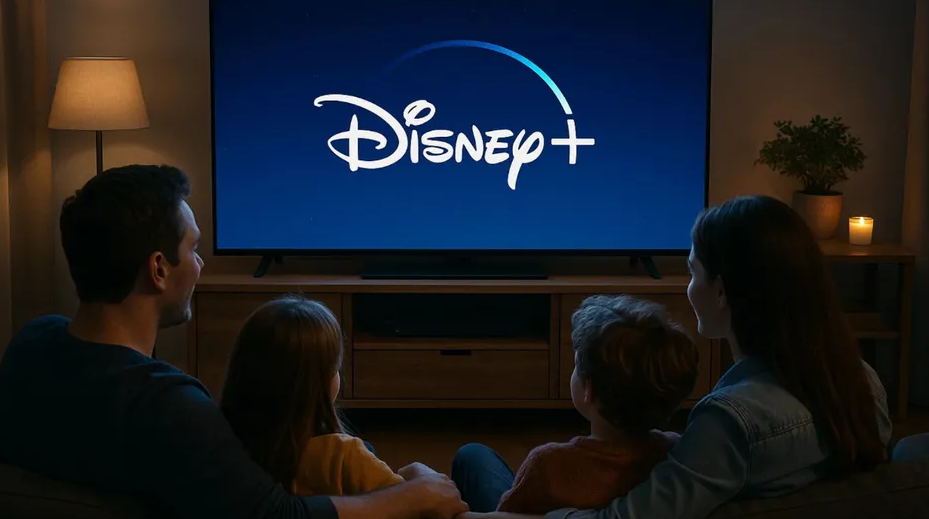 Familia frente al televisor viento Disney Plus