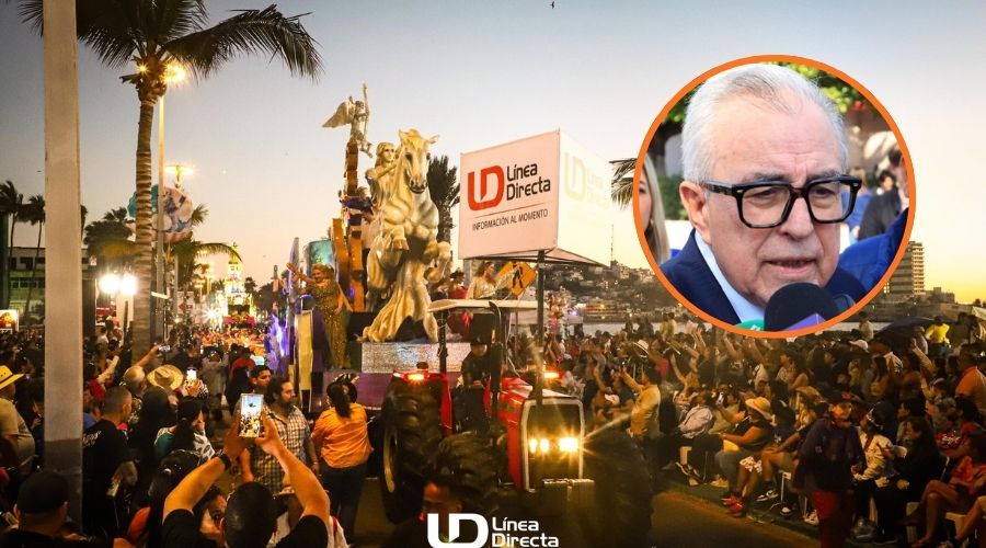 Carnaval Mazatlán y en un círculo el gobernador de Sinaloa, Rubén Rocha Moya