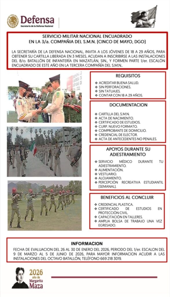 Convoca Secretaría de la Defensa Nacional a encuadrarse para obtener la cartilla militar en 3 meses