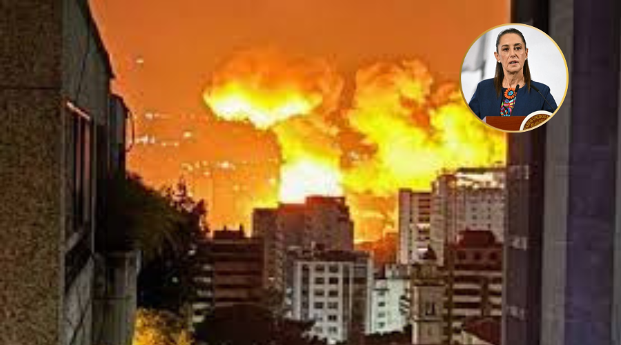 imagen de explosiones en Caracas y Claudia Sheinbaum en un circulo