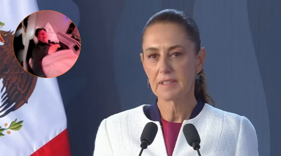 Claudia Sheinbaum vestida con saco blanco y Fernandez Noroña en primera clase dormido