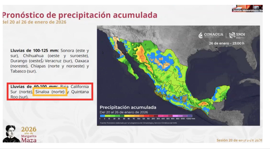 Probabilidad de lluvias del 20 al 26 de enero en México. Sinaloa, uno de los estados con los mayores aportes