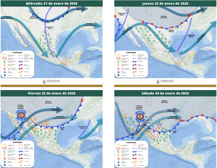 Áreas en vigilancia por desarrollo de tormentas significativas en las siguientes 24, 48, 72 y 96 horas
