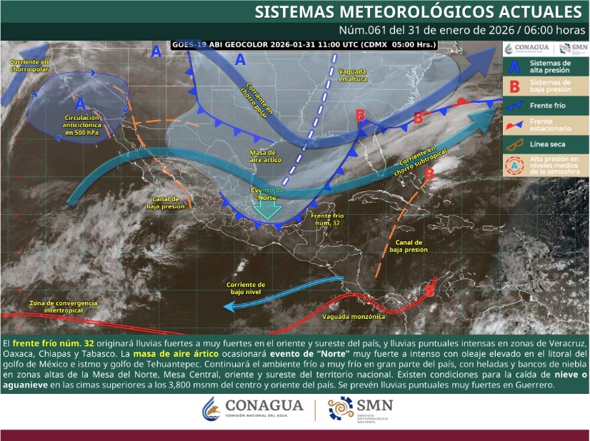 Imagen satelital de México indicando los sistemas meteorológicos activos en México