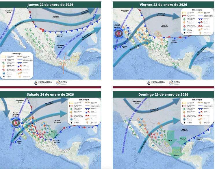 Mapas de México con flechas, líneas e íconos de viento indicando la probabilidad de tormentas en el país