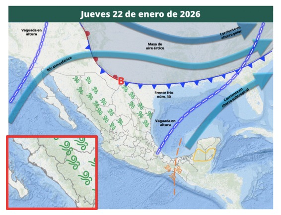 Imagen satelital de México que representa la probabilidad de tormentas