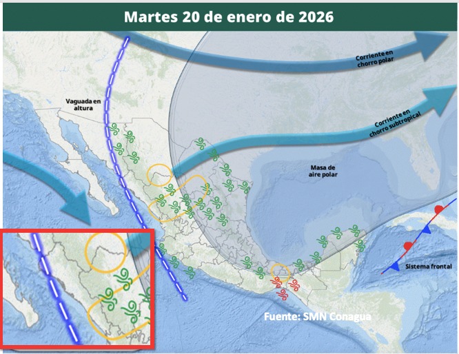 Imagen satelital de México con flechas e íconos de viento que representan la probabilidad de tormentas