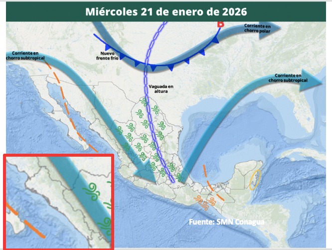 Mapa satelital de México con flechas e íconos de viento