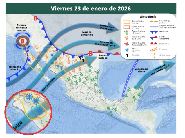 Imagen satelital de México que representa la probabilidad de tormentas con flechas e iconos de viento