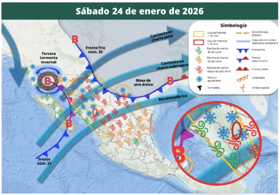 Imagen satelital de México que representa la probabilidad de tormentas