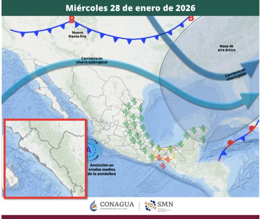 Imagen satelital de México que representa la probabilidad de tormentas con flechas e íconos de viento