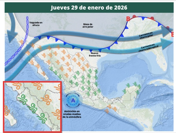 Mapa satelital de México con flechas y líneas indicando la posibilidad de tormentas