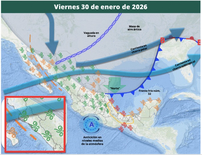 Imagen satelital de México que representa la probabilidad de tormentas con flechas e iconos de viento