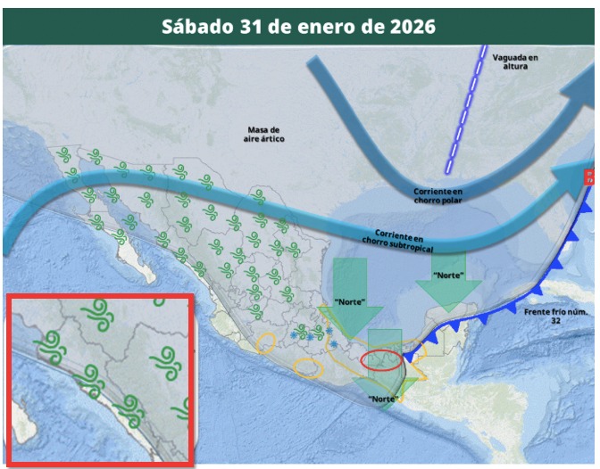 Imagen satelital de México que representa la probabilidad de tormentas