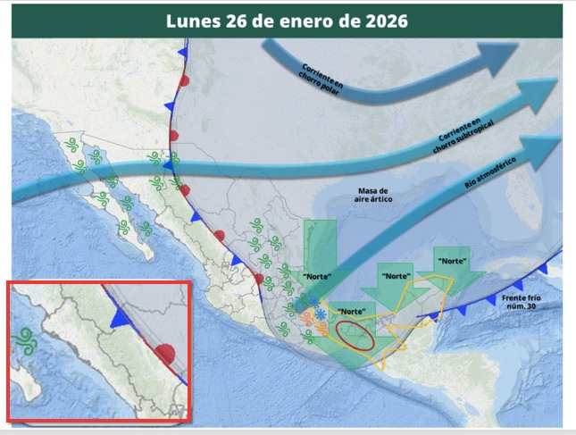 Imagen satelital de México que representa la probabilidad de tormentas