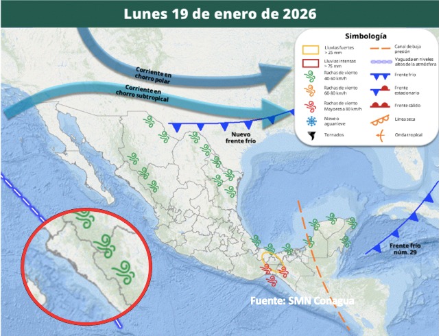 Imagen satelital de México que representa la probabilidad de tormentas
