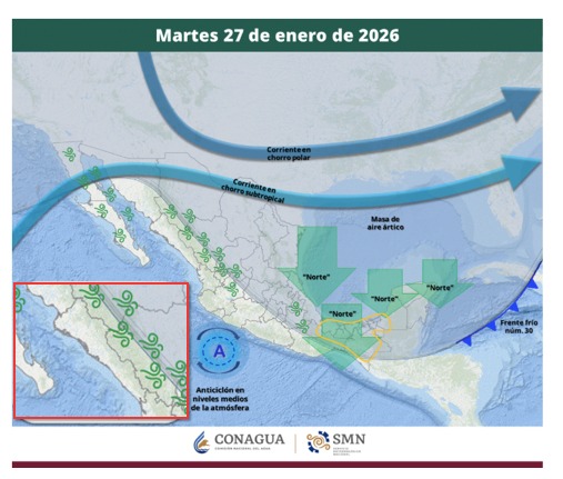Imagen satelital de México que representa la probabilidad de tormentas