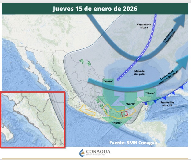 Mapa de México con flechas e íconos de viendo indicando las posibles formaciones de tormenta