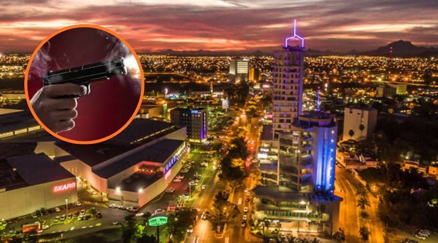 Foto panoramica de una ciudad y en un círculo una foto de una mano con una arma de fuego