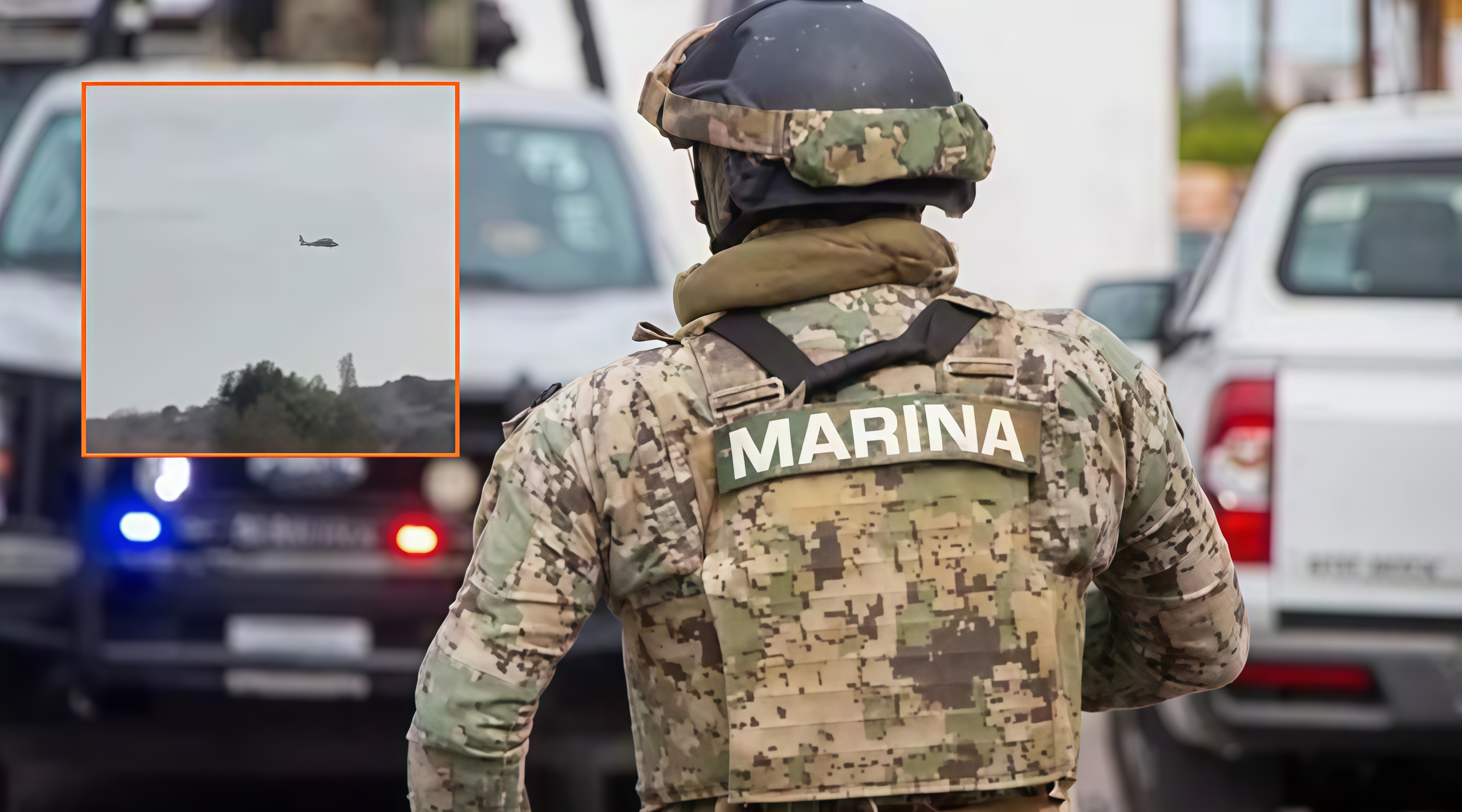 Elemento de la Marina de espaldas y en un recuadro una captura de pantalla de un helicóptero sobrevolando