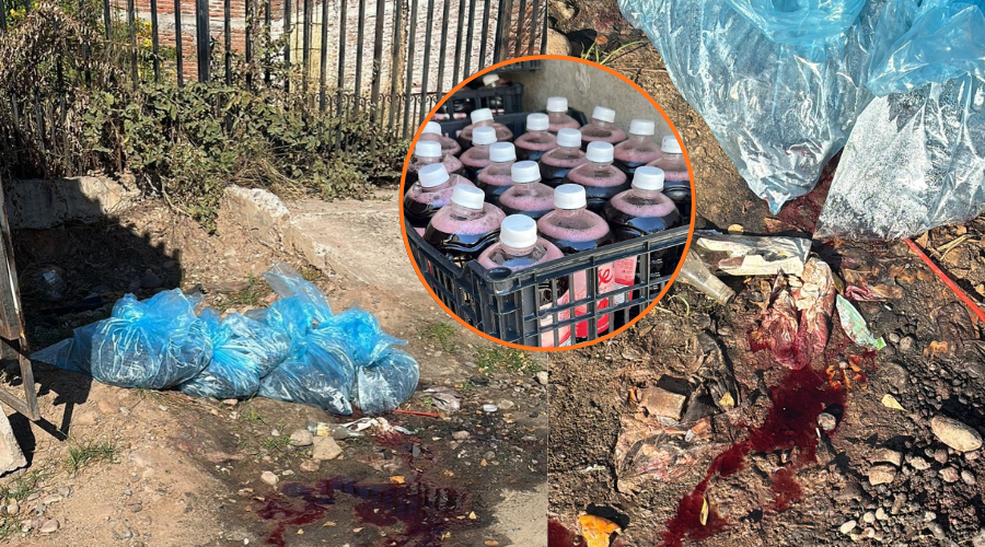 En grande restos de basura y liquido rojo, en circulo botellas de agua de Jamaica