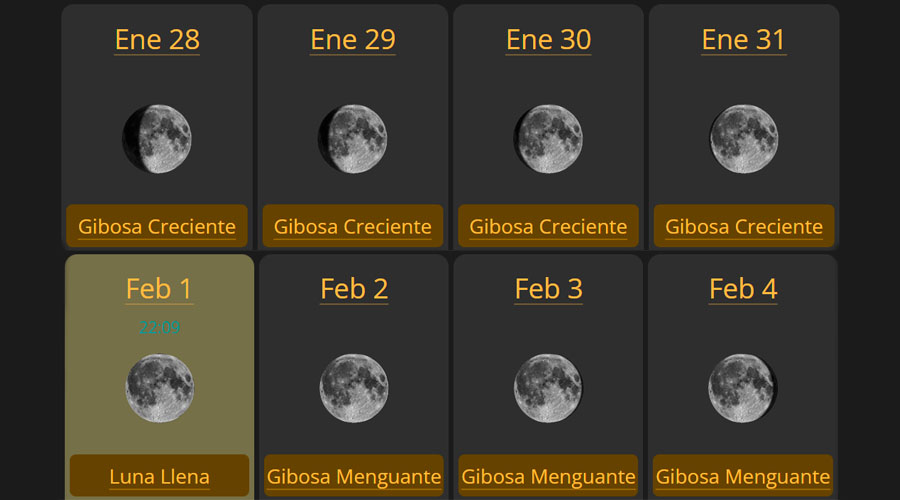 Fases lunares del 28 de enero al 4 de febrero de 2026
