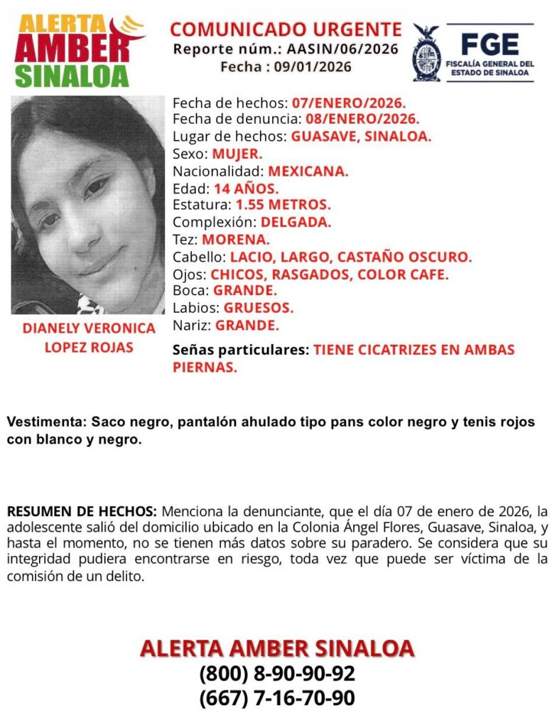 Ficha de búsqueda de Alerta Amber para localizar a Dianely Verónica