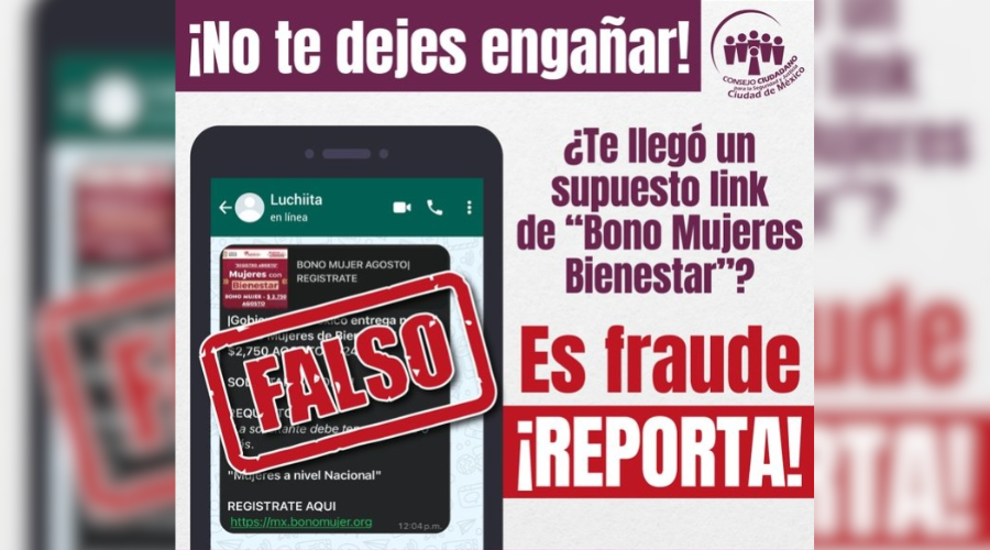 Imagen para alertar sobre el fraude de “Bono Mujer Bienestar”