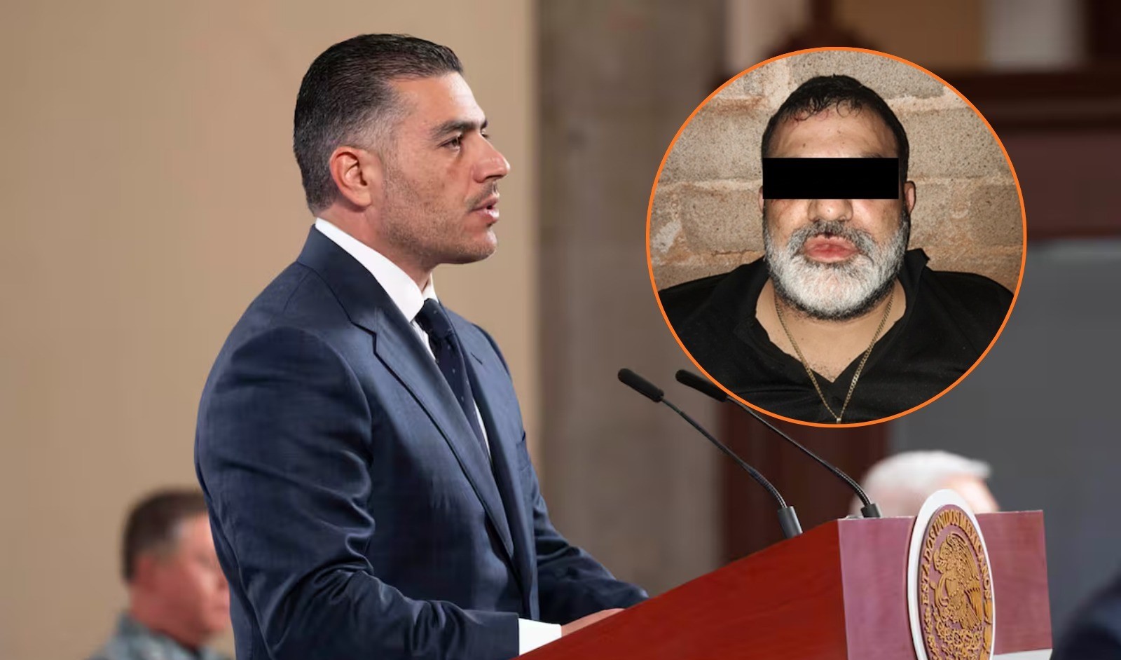 Secretario de Seguridad Pública, Omar García Harfuch y en un círculo Iván Valerio, conocido como 