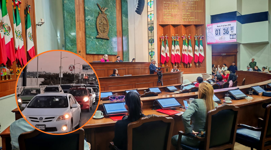 En grande el Congreso del Estado y en un circulo trafico de autos