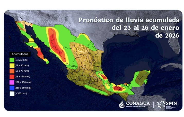Mapa de México indicando los acumulados de lluvia con colores rojo, naranja, amarillo y verde