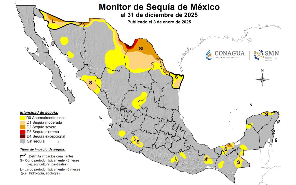 Mapa de México con colores grises, amarillos y naranjas en diferentes tonos indicando las zonas con sequías