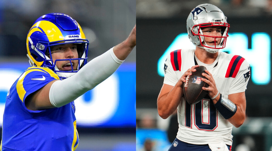 Dos jugadores de futbol americano, uno dando indicaciones y el otro con el balón en las manos