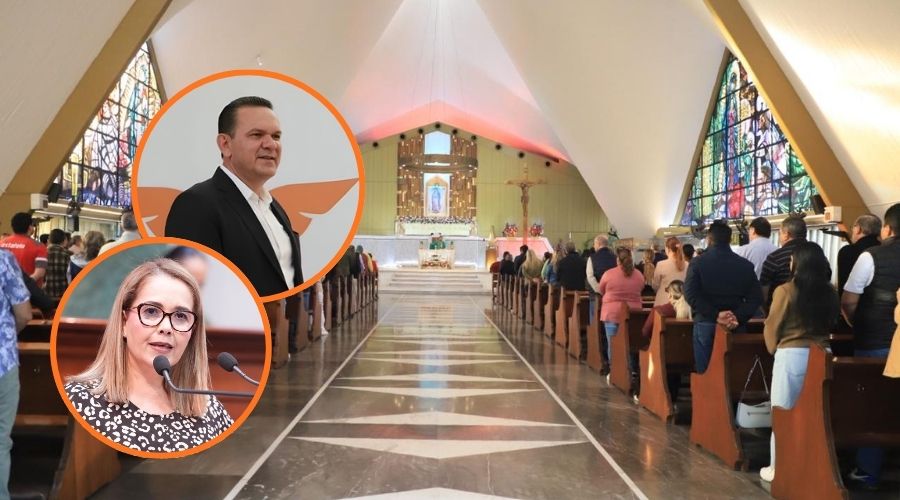 Personas en una Iglesia en una misa y en círculos los diputados Sergio Torres y Eli Montoya