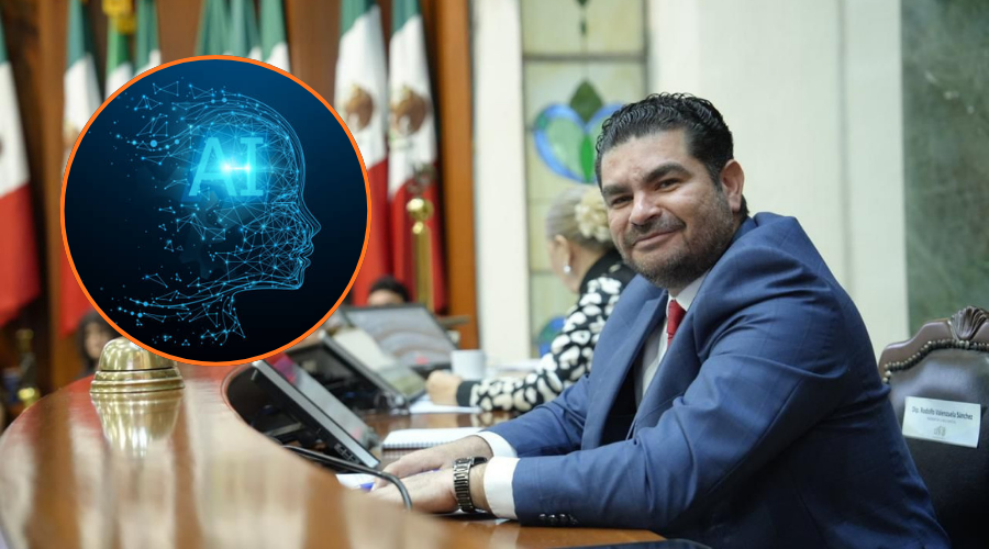 Rodolfo Valenzuela Sánchez posando para la foto y en un circulo una silueta de un rostro de una persona generado por IA