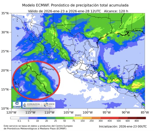 Imagen satelital de México que representa lluvias con colores verdes y azules que indica pronóstico de precipitaciones