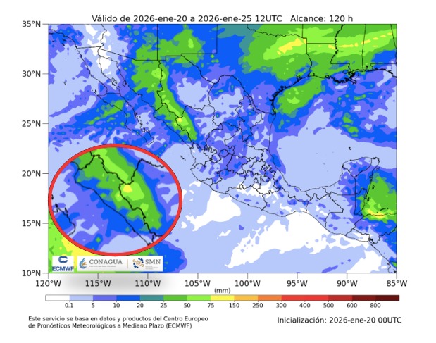 Imagen satelital de México que representa lluvias con colores verdes y azules que indica pronóstico de precipitaciones