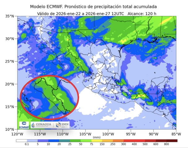 Imagen satelital de México que representa lluvias con colores verdes y azules que indica pronóstico de precipitaciones