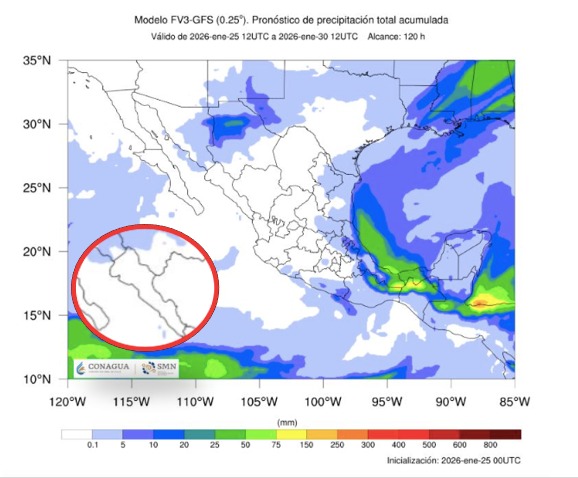 Imagen satelital de México que representa lluvias con colores verdes y azules que indica pronóstico de precipitaciones