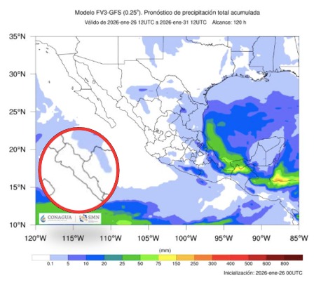 Imagen satelital de México que representa lluvias con colores verdes y azules que indica pronóstico de precipitaciones