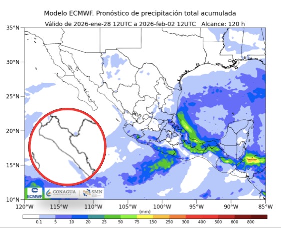 Imagen satelital de México que representa lluvias con colores verdes y azules que indica pronóstico de precipitaciones