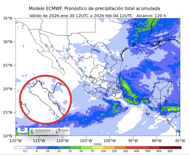 Imagen satelital de México que representa lluvias con colores verdes y azules que indica pronóstico de precipitaciones